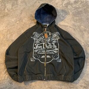 Von Dutch Originals Mens Black Denim Zip Up Hooded Jacket Graphic Logo Large NWT